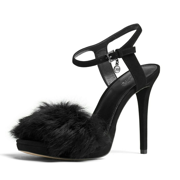 New! MICHAEL KORS Rabbit Fur Black Heels Open-toe - Picture 2 of 7